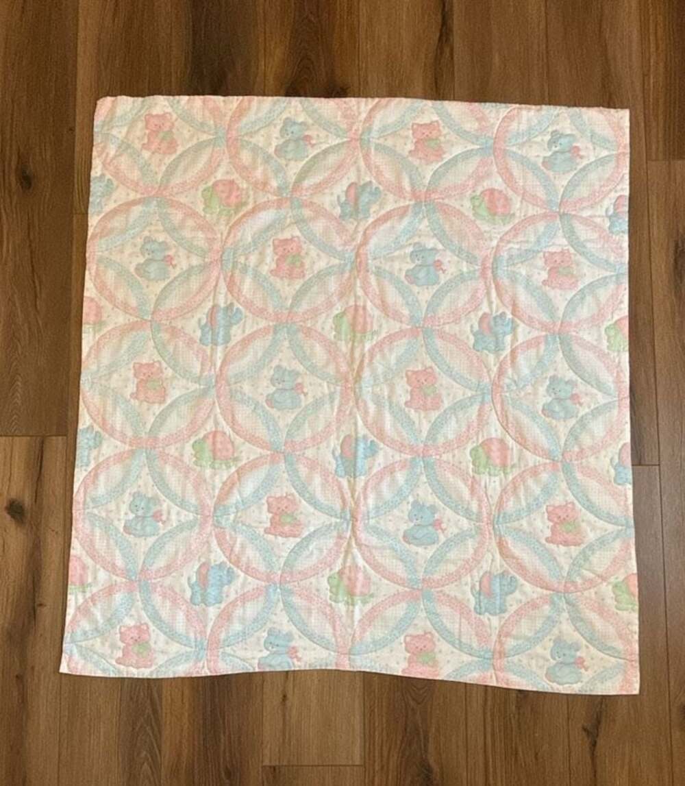 Vintage Pastel Baby Quilt with Teddy Bear and Elephant Print pink blanket